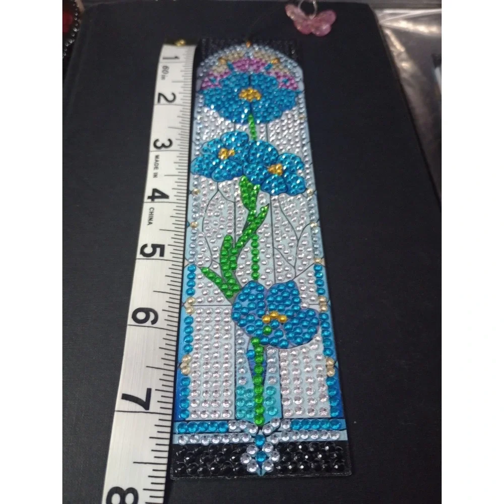 Handmade Diamond Art Bookmark Blue Floral Stained Glass Design w/ Butterfly...
